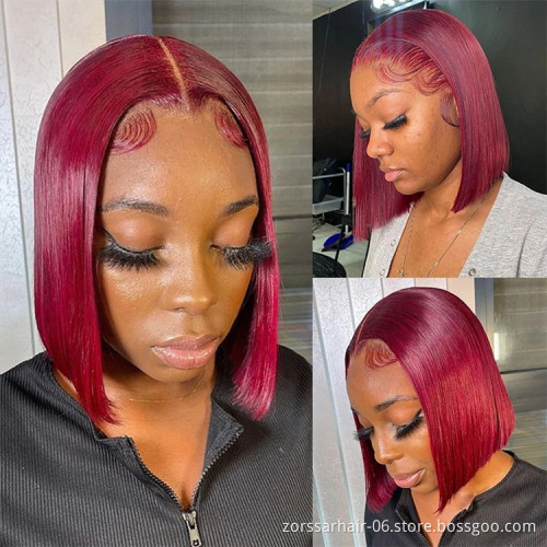 Top quality silk top straight pre plucked hd lace frontal wig new design short human hair bob wigs transparent  99j lace front w